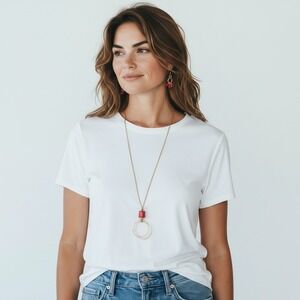 J Jill Goldtone Red Stone Pendant Necklace & Hoop Dangle Earrings Set NWT